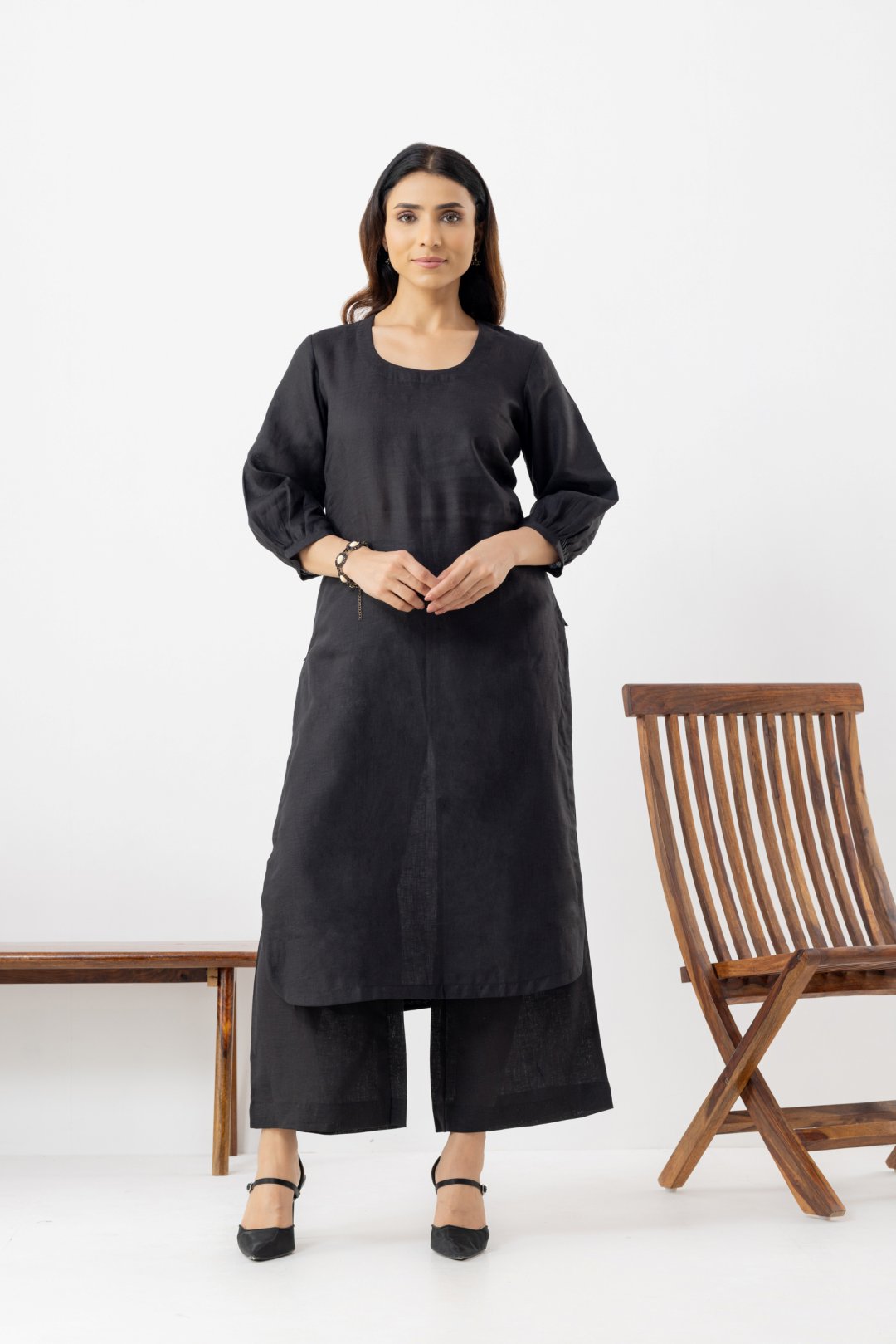 Pure Linen black full sleeves kurta with palazzo salwar outfit set