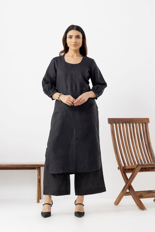 Pure Linen black full sleeves kurta with palazzo salwar outfit set