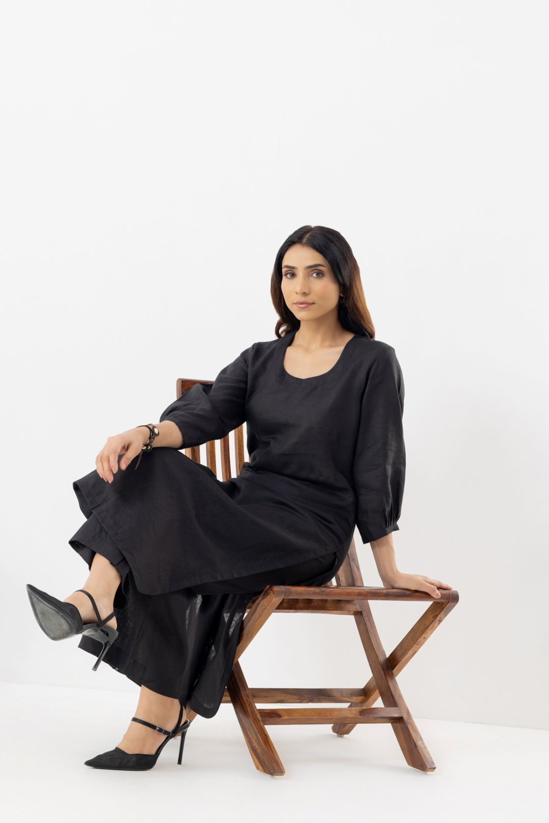 Pure Linen black full sleeves kurta with palazzo salwar outfit set