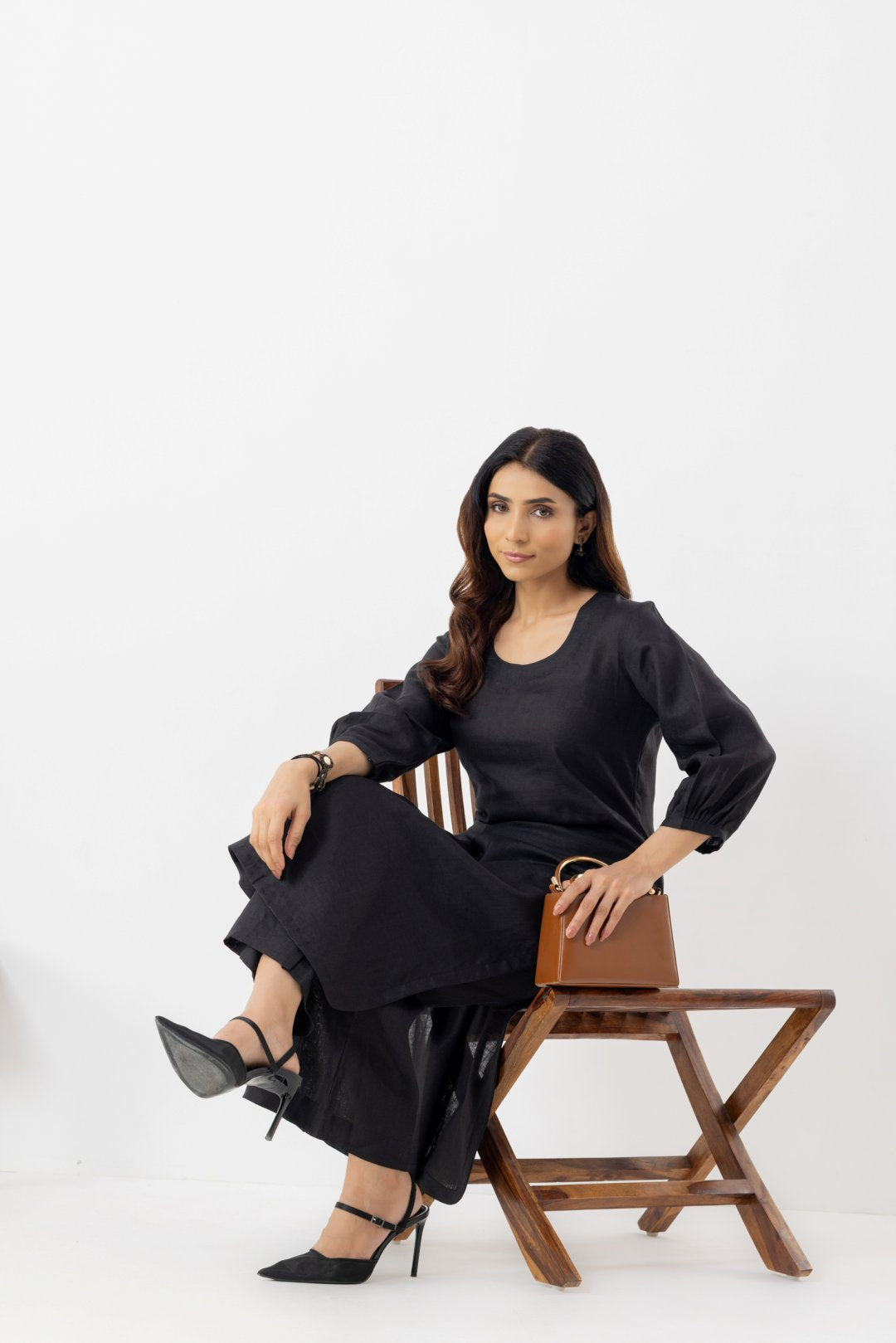 Pure Linen black full sleeves kurta with palazzo salwar outfit set