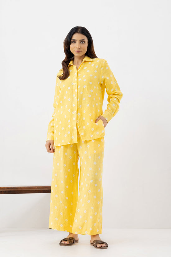 Pure Linen Fabric yellow polka dot coords set contains a full sleeves collar shirt with pocketed pants