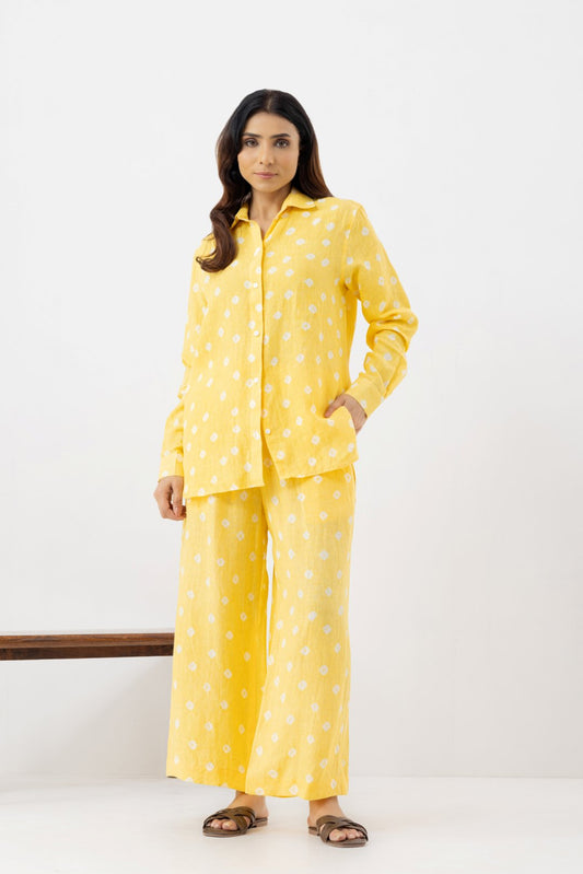 Pure Linen Fabric yellow polka dot coords set contains a full sleeves collar shirt with pocketed pants