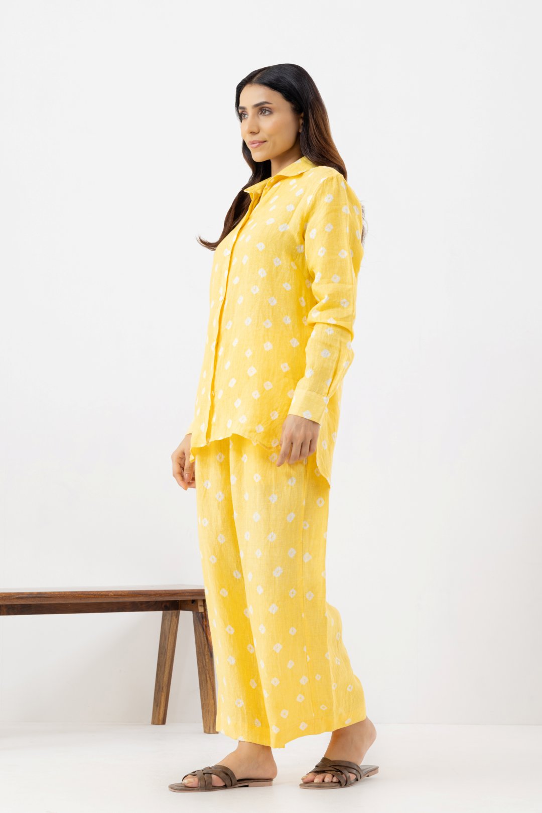 Pure Linen Fabric yellow polka dot coords set contains a full sleeves collar shirt with pocketed pants
