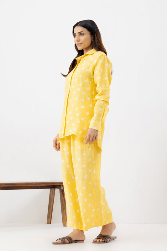 Pure Linen Fabric yellow polka dot coords set contains a full sleeves collar shirt with pocketed pants