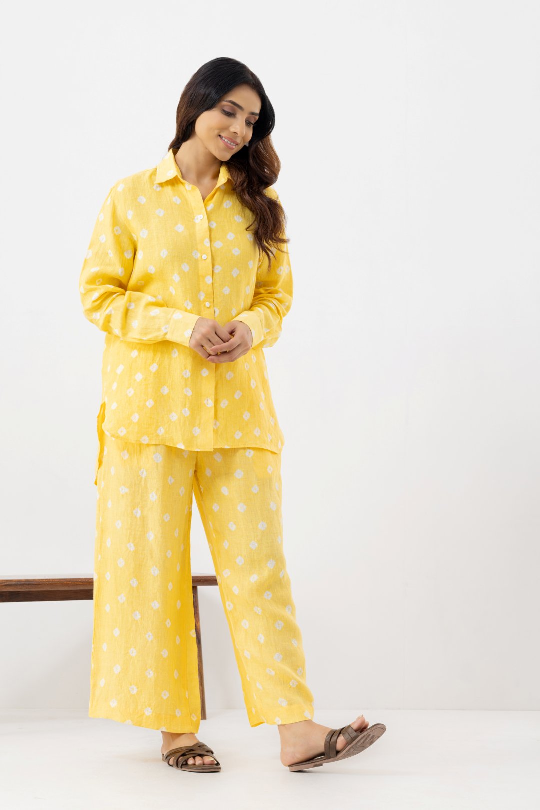Pure Linen Fabric yellow polka dot coords set contains a full sleeves collar shirt with pocketed pants