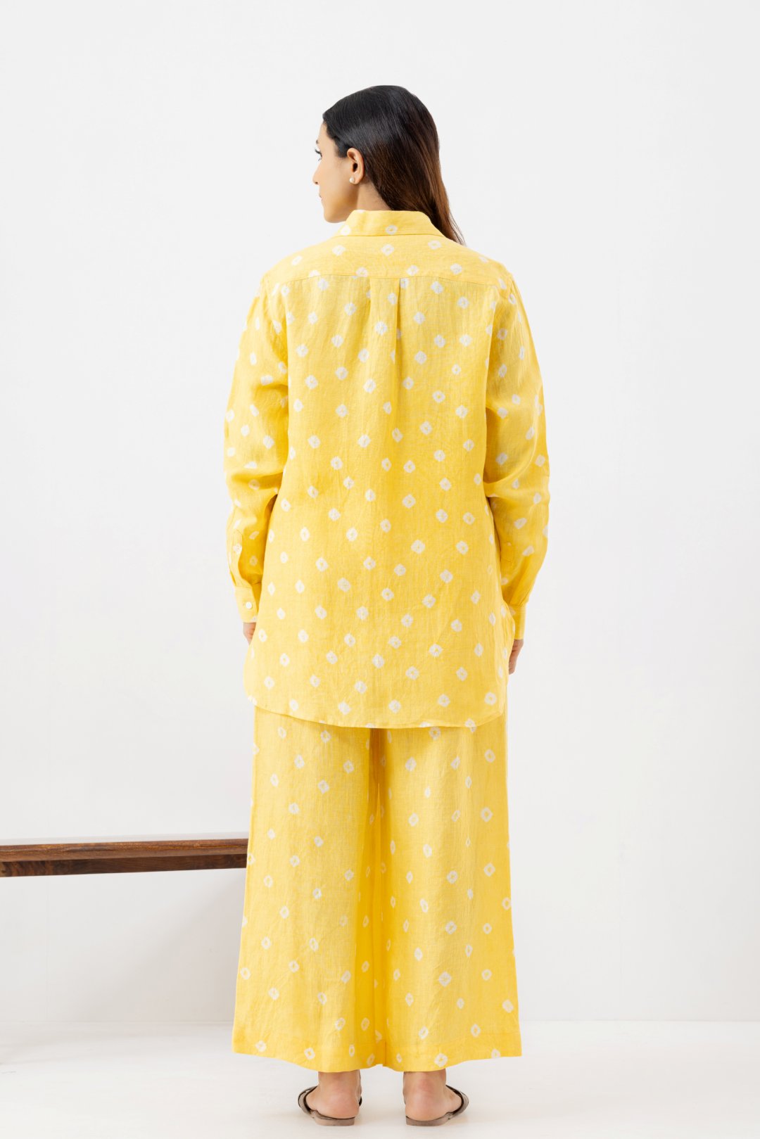 Pure Linen Fabric yellow polka dot coords set contains a full sleeves collar shirt with pocketed pants