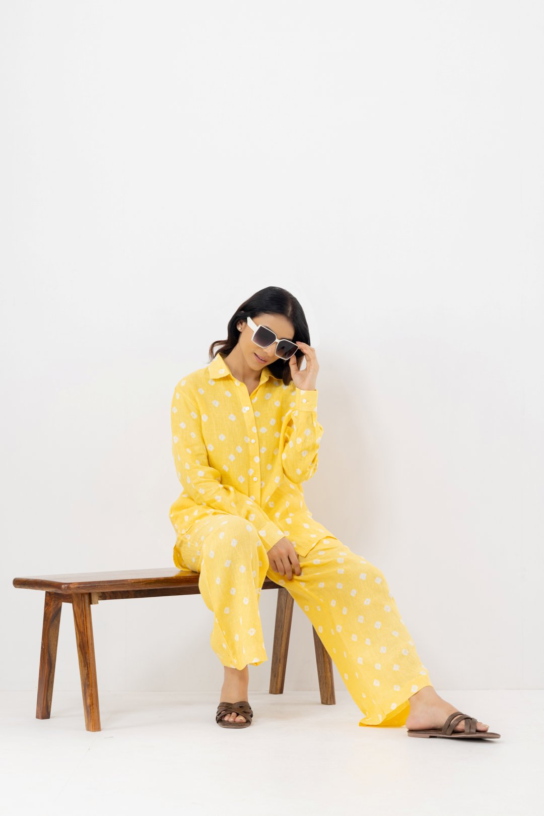 Pure Linen Fabric yellow polka dot coords set contains a full sleeves collar shirt with pocketed pants