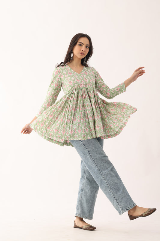 Pista Green Sanganeri Organic Cotton Top