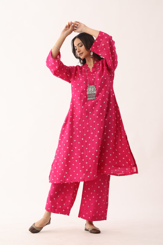 Rani Pink Bandhani Chanderi Silk Suit Set