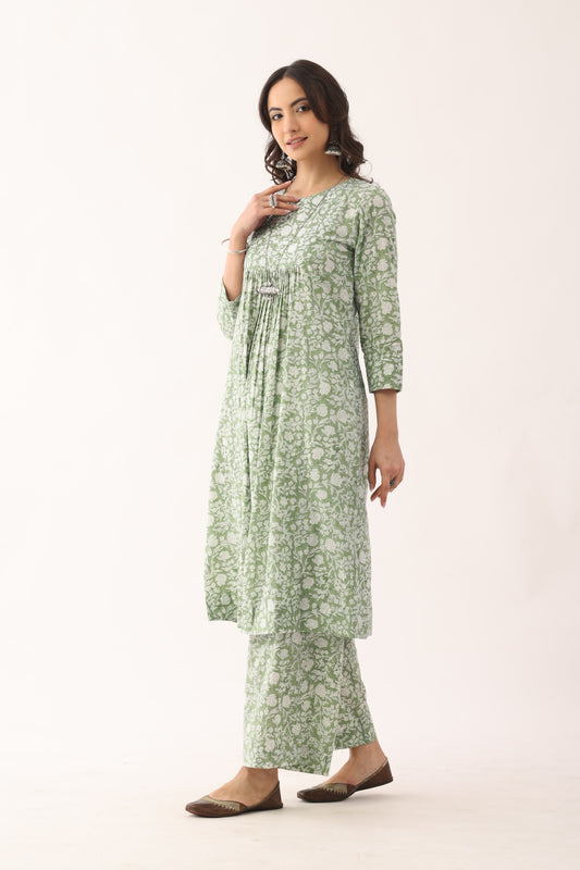 Pista Green Sanganeri Organic Cotton  Suit Set