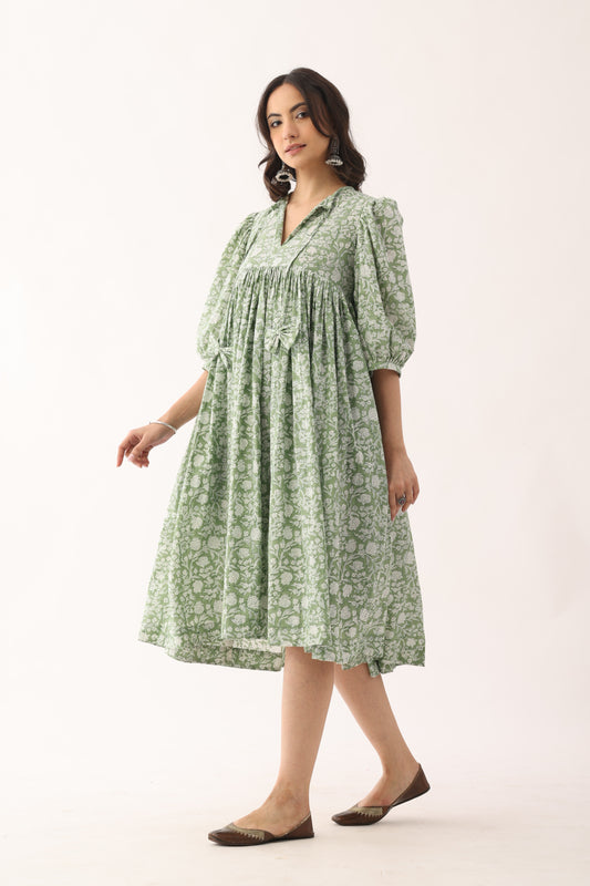 Pista Green Sanganeri Organic Cotton  Dress