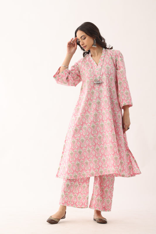Blush Pink Sanganeri Organic Cotton  A line Suit set