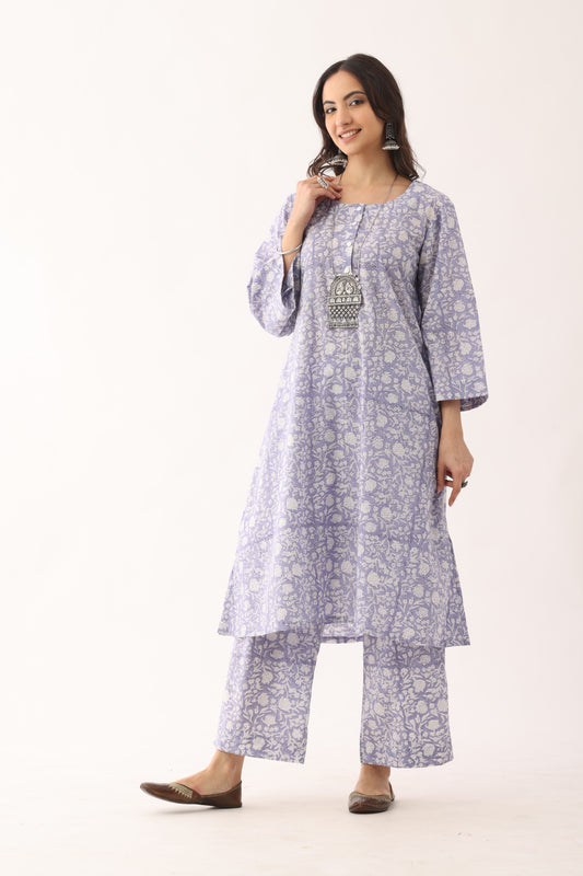 Floral Lavender Sanganeri Organic Cotton A Line Suit Set