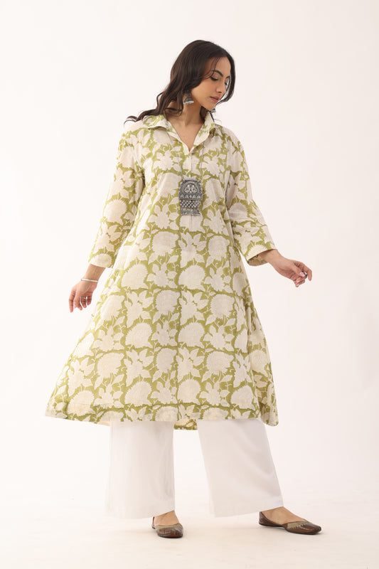 Moringa Green Sanganeri Organic Cotton Kurta