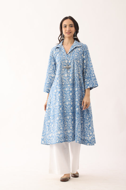 Triveni Blue Sanganeri Organic Cotton Kurta