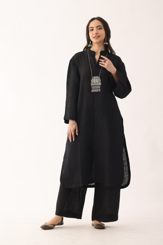 Ink Black Handloon Linen Loose fit Suit set