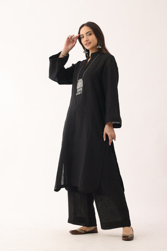 Ink Black Handloon Linen Loose fit Suit set