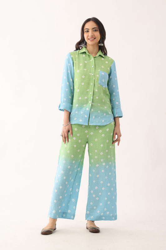 Green Blue Bandhani Handloom Linen Shirt Pant