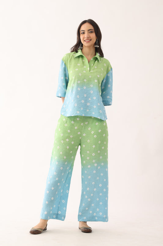 Green Blue Bandhani Handloom Linen Coord Set