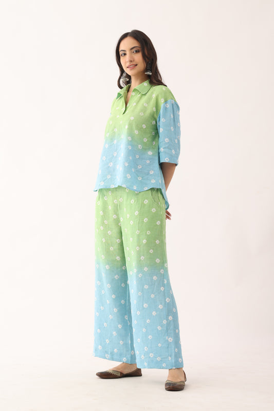 Green Blue Bandhani Handloom Linen Coord Set