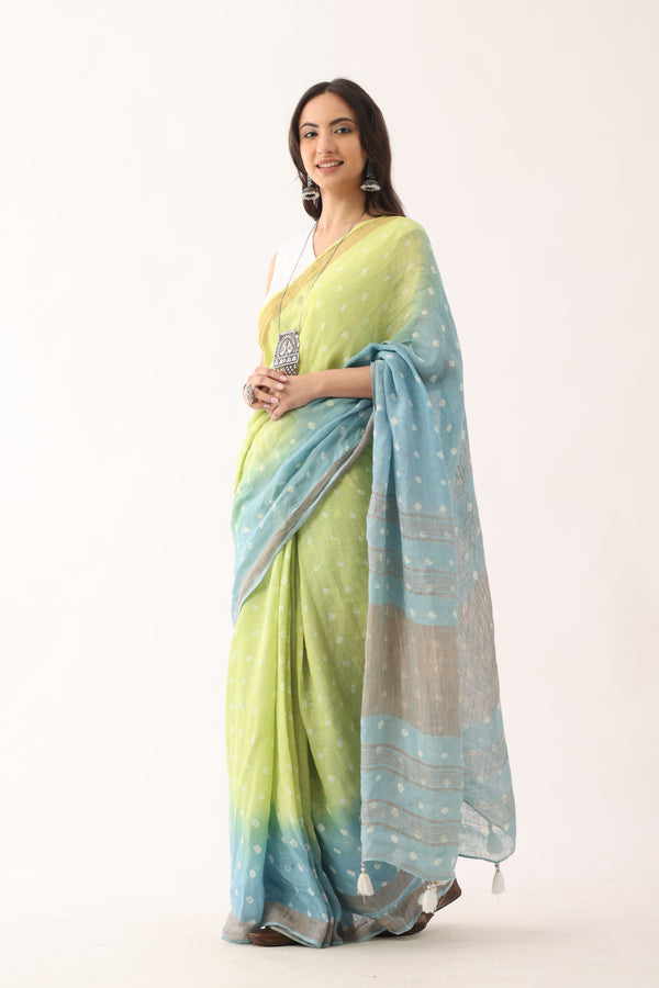 Green Blue Bandhani Handloom Linen Saree
