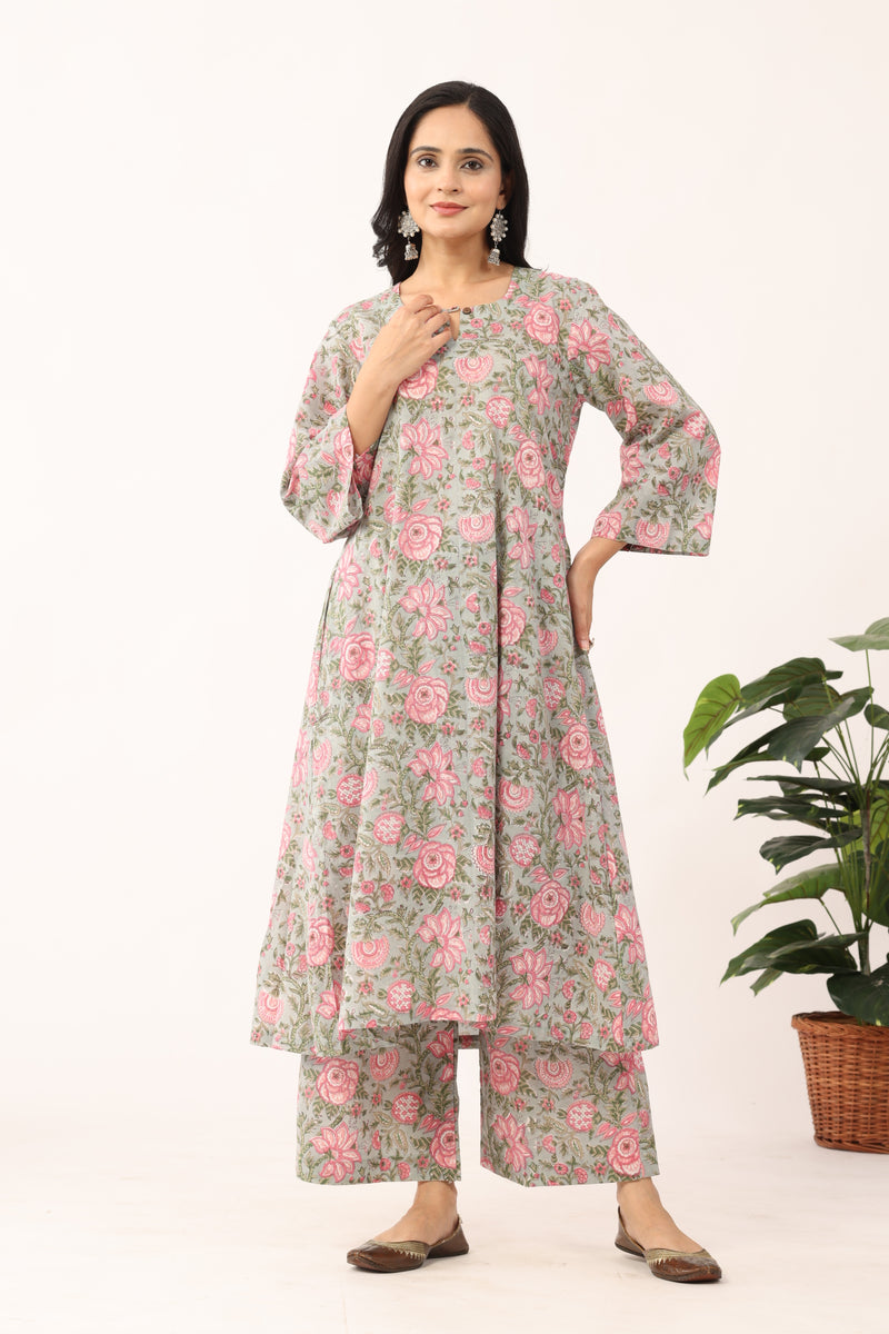 Herbal Green Sanganeri Organic Cotton A Line Suit SEt