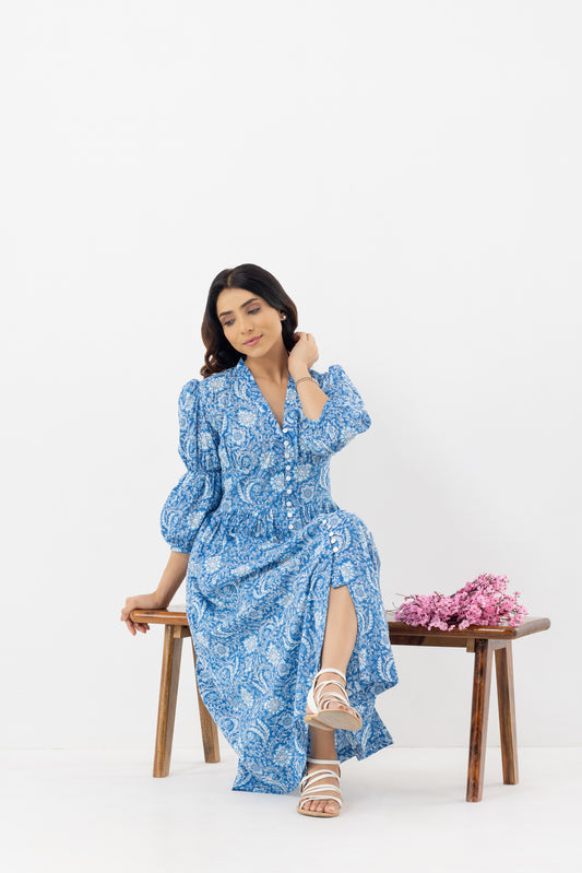 Pure linen cotton fabric v neck blue floral maxi night dress with 3/4 length sleeves and a V-neck