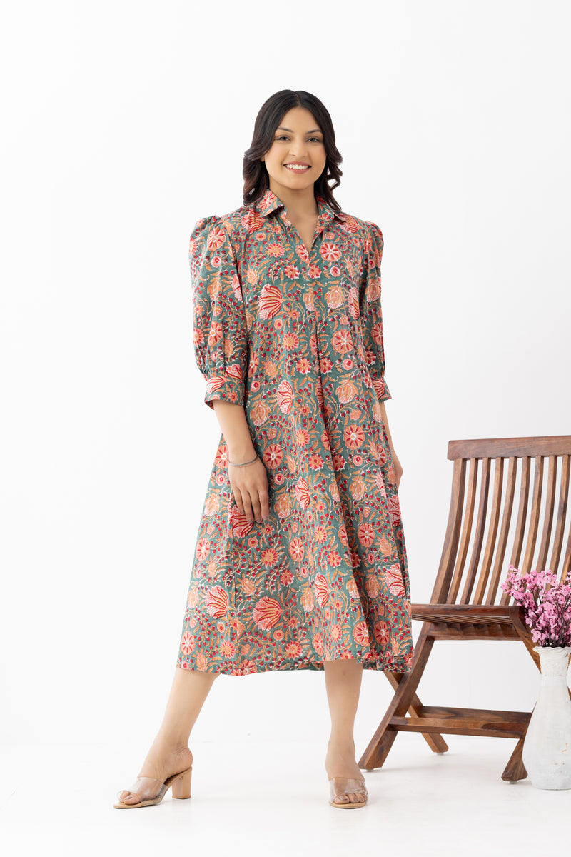 Forest Green Sanganeri Organic Cotton Dress