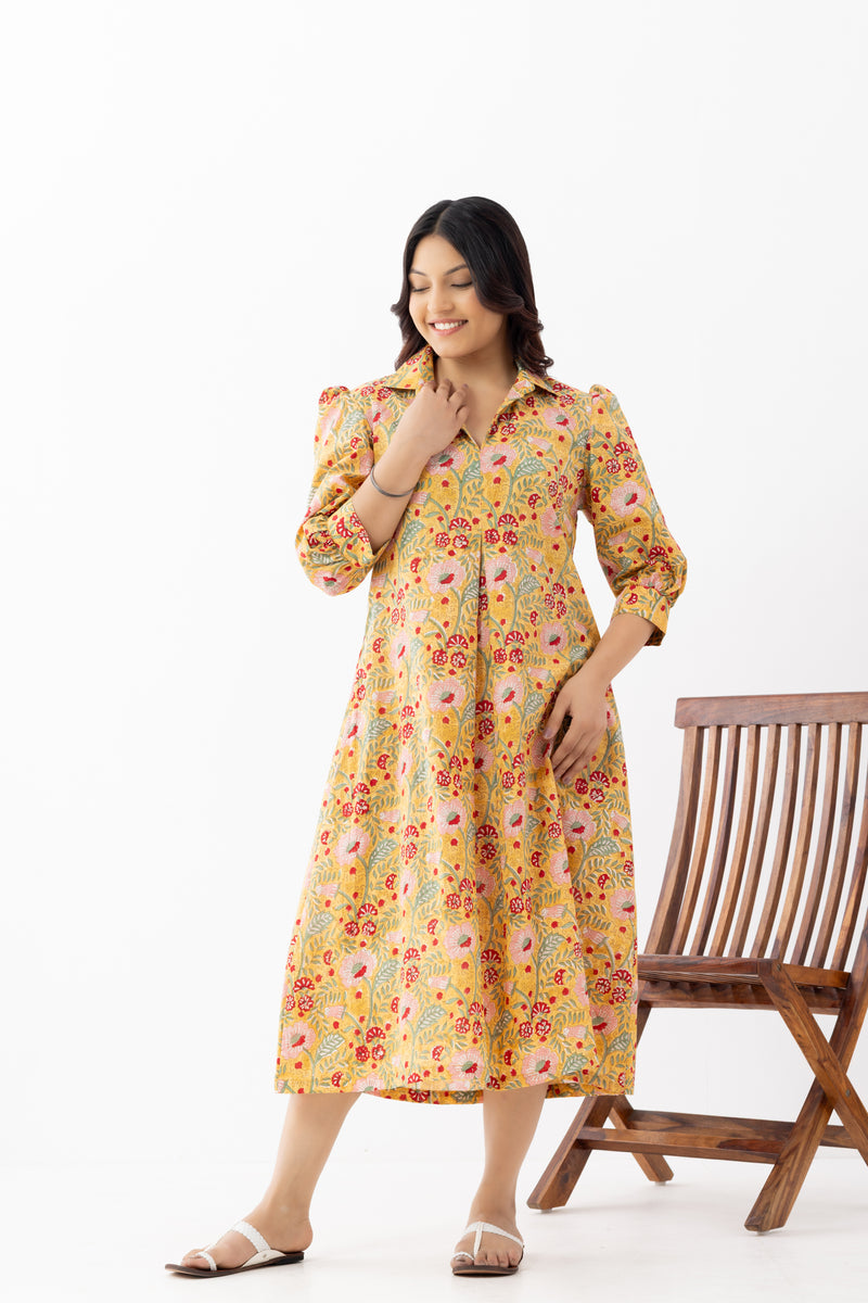 Haldi Yellow Sanganeri Organic Cotton Dress